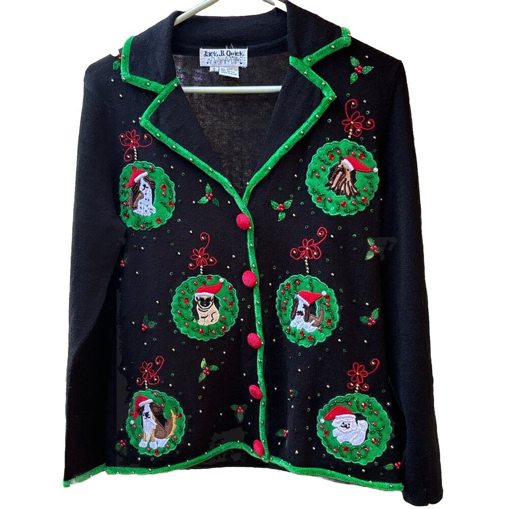 Vintage Jack B Quick Christmas Dog Cardigan Sweater Small Ramie Embroidered Bead